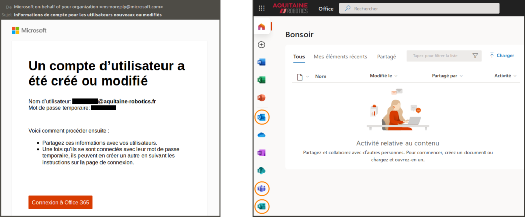 Invitation pour activer un compte @aquitaine-robotics.fr et page d'accueil d'Office 365 pour Aquitaine Robotics