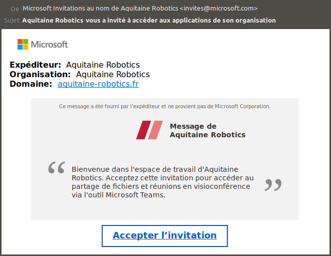 Invitation reçue par mail pour accepter l'enregistrement sur la plateforme collaborative