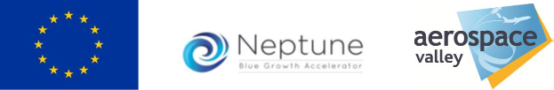 Bandeau de Logo comportant le drapeau européen, Le logo de Neptune (Blue Growth Accelerator) et Aerospace Valley